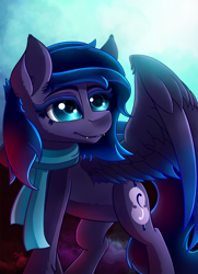 Size: 1084x1500 | Tagged: safe, artist:midnightsix3, imported from derpibooru, oc, oc only, oc:nyreen eventide, pony, clothes, cute, cute little fangs, fangs, scarf, solo, spread wings, wings