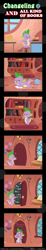 Size: 600x3263 | Tagged: safe, artist:vavacung, imported from derpibooru, spike, changeling, dragon, comic:changeling and all kind of books, comic, food, golden oaks library, pancakes, pointy ponies