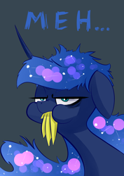 Size: 2480x3507 | Tagged: safe, artist:underpable, imported from derpibooru, princess luna, alicorn, pony, a royal problem, banana, eating, female, floppy ears, food, herbivore, looking at you, mare, meh, missing accessory, simple background, solo, tired