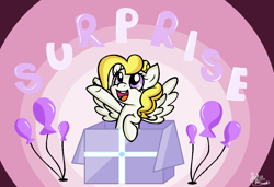 Size: 1257x859 | Tagged: safe, artist:pinkiepie6680, imported from derpibooru, surprise, pony, balloon, box, female, pony in a box, solo