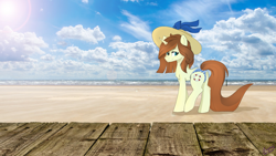 Size: 1920x1080 | Tagged: safe, artist:chickenbrony, artist:cottonaime, imported from derpibooru, oc, oc only, pony, unicorn, bikini, clothes, fluffy, looking back, smiling, solo, summer, swimsuit