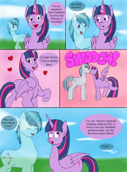 Size: 1000x1355 | Tagged: safe, artist:emilou1985, imported from derpibooru, crystal arrow, crystal beau, twilight sparkle, alicorn, crystal pony, pony, comic:signs, butt, comic, crystaltwi, female, heart, kissing, male, plot, pregnant, shipping, straight, transparent flesh, twilight sparkle (alicorn)