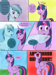 Size: 1000x1346 | Tagged: safe, artist:emilou1985, imported from derpibooru, crystal arrow, crystal beau, twilight sparkle, alicorn, crystal pony, pony, comic:signs, comic, crystaltwi, excited, female, halo, happy, male, pregnant, screaming, shipping, smiling, squee, straight, transparent flesh, twilight sparkle (alicorn)