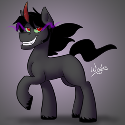 Size: 500x500 | Tagged: safe, artist:wiggles, imported from derpibooru, king sombra, pony, unicorn, alternate hairstyle, evil grin, gradient background, gray background, grin, handsome, looking at you, majestic, male, raised hoof, signature, simple background, smiling, smirk, solo, sombra eyes, stallion, stupid sexy sombra, unshorn fetlocks