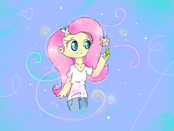 Size: 2048x1536 | Tagged: safe, artist:pinkflutter, imported from derpibooru, fluttershy, butterfly, human, breasts, clothes, delicious flat chest, female, flattershy, flower, humanized, looking at something, pants, shirt, smiling, solo