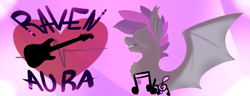 Size: 999x382 | Tagged: safe, artist:metro scrunch, imported from derpibooru, oc, oc only, oc:raven aura, bat pony, pony, abstract background, bat wings, cutie mark, guitar, music, music notes, solo, spiky mane, wings