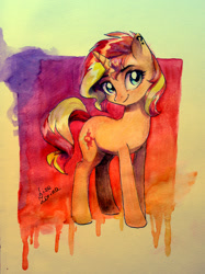 Size: 1280x1709 | Tagged: safe, artist:sapraitlond, imported from derpibooru, sunset shimmer, pony, unicorn, abstract background, backwards cutie mark, ear piercing, female, piercing, smiling, solo, traditional art, watercolor painting