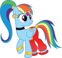 Size: 6882x6400 | Tagged: safe, artist:parclytaxel, imported from derpibooru, rainbow dash, genie, pegasus, pony, ain't never had friends like us, .svg available, absurd resolution, alternate hairstyle, armband, circlet, clothes, collar, ear piercing, earring, feather ring, female, gem, geniefied, jewelry, leg brace, looking back, mare, piercing, ponytail, rainbow dash always dresses in style, ring, shantae, shantae (character), shoes, simple background, smiling, solo, tail wrap, transparent background, vector, wing jewelry