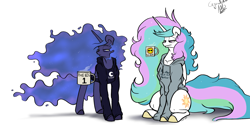 Size: 1280x640 | Tagged: safe, artist:greyscaleart, imported from derpibooru, princess celestia, princess luna, alicorn, pony, bed mane, clothes, coffee, coffee mug, hoodie, lidded eyes, magic, messy mane, missing accessory, morning ponies, mug, royal sisters, simple background, sitting, telekinesis, tired, white background