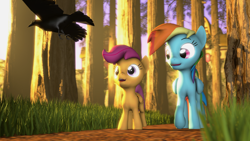 Size: 1920x1080 | Tagged: safe, artist:jaygaming1, imported from derpibooru, rainbow dash, scootaloo, bird, pony, 3d, flying, forest, source filmmaker, tree