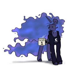 Size: 1079x1000 | Tagged: safe, artist:greyscaleart, imported from derpibooru, princess luna, pony, clothes, coffee, coffee mug, female, hoodie, lidded eyes, magic, messy mane, missing accessory, morning ponies, mug, one, simple background, solo, telekinesis, tired, white background