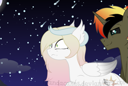 Size: 995x667 | Tagged: safe, artist:ipandacakes, imported from derpibooru, oc, oc only, oc:imperial ire, oc:valkyrie, hybrid, pony, female, interspecies offspring, male, night, offspring, parent:discord, parent:princess celestia, parents:dislestia, valkyrial