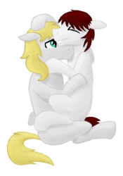 Size: 896x1280 | Tagged: safe, artist:chronicle23, artist:cloppershy, imported from derpibooru, oc, oc only, oc:lucky stone, pony, blank flank, cuddling, lap sitting, male, simple background, stallion, white background