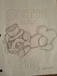 Size: 1200x1600 | Tagged: safe, artist:pinkiepie6680, imported from derpibooru, pinkie pie, pony, bowtie, female, five nights at freddy's, hat, lined paper, monochrome, prone, solo, top hat, traditional art