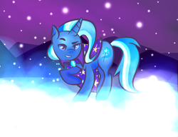 Size: 1280x981 | Tagged: safe, artist:lionsca, imported from derpibooru, trixie, pony, unicorn, female, grin, smiling, snow, solo