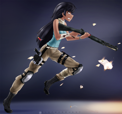 Size: 2720x2560 | Tagged: safe, alternate version, artist:slackerburst, imported from derpibooru, octavia melody, human, ammunition, bandage, belt, blood, boots, clothes, dark skin, female, fire, guerilla, gun, handgun, holster, humanized, knee pads, mossberg 930, multiple variants, pistol, shoes, shotgun, shotgun shell, solo, tanktop, tape, toothpick, watch, weapon