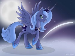 Size: 960x721 | Tagged: safe, artist:lavenderrain24, imported from derpibooru, princess luna, alicorn, pony, cloud, female, moon, night, raised hoof, s1 luna, smiling, solo, spread wings, stars, wings