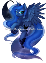 Size: 600x819 | Tagged: safe, artist:pingwinowa, imported from derpibooru, princess luna, alicorn, pony, female, flying, galaxy mane, looking at you, simple background, smiling, solo, spread wings, transparent background, watermark, wings