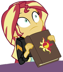 Size: 649x743 | Tagged: safe, edit, imported from derpibooru, sunset shimmer, equestria girls, mirror magic, spoiler:eqg specials, book, diary, female, scared, shocked, simple background, solo, transparent background