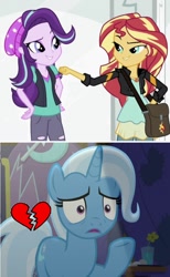 Size: 634x1028 | Tagged: safe, edit, edited screencap, imported from derpibooru, screencap, starlight glimmer, sunset shimmer, trixie, pony, equestria girls, mirror magic, no second prances, spoiler:eqg specials, counterparts, female, heartbreak, lesbian, shimmerglimmer, shipping, twilight's counterparts