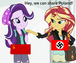 Size: 632x525 | Tagged: safe, imported from derpibooru, starlight glimmer, sunset shimmer, equestria girls, mirror magic, spoiler:eqg specials, dude not funny, eqg flag-tag meme, flag, molotov-ribbentrop pact, nazi, nazi germany, poland, politics, soviet union, stalin glimmer, swastika, we are going to hell, world war ii