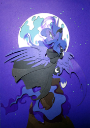 Size: 3000x4236 | Tagged: safe, artist:equestria-prevails, artist:jiuweidehuli, imported from derpibooru, princess luna, pony, absurd resolution, cloak, clothes, craft, female, looking back, moon, night, papercraft, sitting, solo, spread wings, stars, traditional art, wings