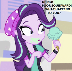 Size: 528x524 | Tagged: safe, edit, edited screencap, imported from derpibooru, screencap, starlight glimmer, equestria girls, mirror magic, spoiler:eqg specials, cropped, female, food, hocus pocus, hocus pocus (episode), ice cream, pistachio (ice cream), solo, spongebob squarepants, squidward tentacles