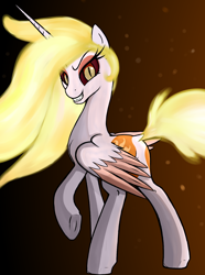 Size: 1180x1588 | Tagged: safe, artist:vinaramic, imported from derpibooru, daybreaker, alicorn, pony, a royal problem, both cutie marks, butt, daybutt, dock, female, gradient background, grin, looking back, plot, raised hoof, smiling, solo, underhoof