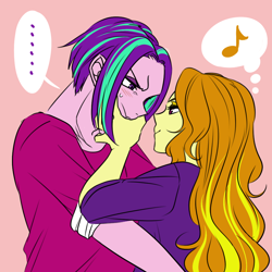 Size: 1000x1000 | Tagged: safe, artist:raika0306, imported from derpibooru, adagio dazzle, aria blaze, equestria girls, rainbow rocks, ..., adaria, alternate hairstyle, clothes, couple, cute, female, looking at each other, male, ouvertis grandioso, rule 63, shipping, simple background, smiling, straight, straight hair