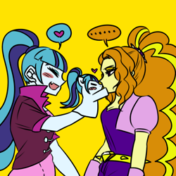 Size: 1000x1000 | Tagged: safe, artist:raika0306, imported from derpibooru, adagio dazzle, sonata dusk, equestria girls, rainbow rocks, blush sticker, blushing, clothes, cute, eyes closed, female, heart, lesbian, puppet, shipping, simple background, smiling, sonagio