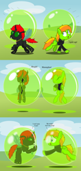 Size: 3800x8050 | Tagged: safe, artist:bladedragoon7575, imported from derpibooru, oc, oc only, oc:crypto, oc:jax, changeling, absurd resolution, bondage, bubble, changeling oc, comic, encasement, green changeling, in bubble, story included, trapped, worried