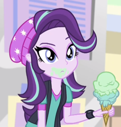 Size: 582x609 | Tagged: safe, imported from derpibooru, screencap, starlight glimmer, equestria girls, mirror magic, spoiler:eqg specials, beanie, clothes, cropped, female, food, hat, ice cream, ice cream cone, solo, that human sure does love ice cream, vest