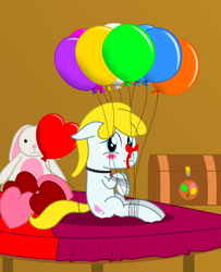 Size: 2600x3200 | Tagged: safe, artist:bladedragoon7575, imported from derpibooru, oc, oc only, oc:tender heart, earth pony, pony, balloon, bedroom, blushing, bondage, chest, cute, earth pony oc, gag, heart balloon, plushie, ribbon, solo, that pony sure does love balloons, tied up