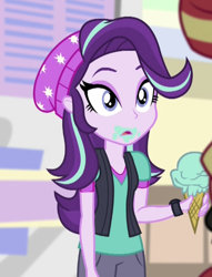 Size: 530x694 | Tagged: safe, imported from derpibooru, screencap, starlight glimmer, equestria girls, mirror magic, spoiler:eqg specials, beanie, clothes, clueless, cropped, duo, female, food, hat, ice cream, open mouth, that human sure does love ice cream, vest