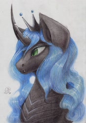 Size: 1998x2858 | Tagged: safe, artist:kimsteinandother, imported from derpibooru, queen chrysalis, changeling, changeling queen, bust, crown, curved horn, female, jewelry, portrait, regalia, solo, traditional art