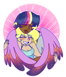 Size: 1280x1485 | Tagged: safe, artist:cubbybatdoodles, imported from derpibooru, derpy hooves, twilight sparkle, alicorn, human, bae, blushing, clothes, colored wings, colored wingtips, dark skin, eyes closed, female, hug, humanized, lesbian, multicolored wings, nail polish, shipping, simple background, smiling, tanktop, transparent background, twerpy, twilight sparkle (alicorn), winged humanization, winghug, wings