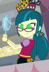 Size: 674x994 | Tagged: safe, imported from derpibooru, screencap, juniper montage, equestria girls, mirror magic, spoiler:eqg specials, cropped, female, food, glowing eyes, mirror, popcorn, solo