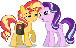 Size: 8500x5401 | Tagged: safe, artist:limedazzle, imported from derpibooru, starlight glimmer, sunset shimmer, pony, unicorn, equestria girls, mirror magic, spoiler:eqg specials, absurd resolution, bedroom eyes, duo, female, lesbian, lidded eyes, mare, saddle bag, shipping, show accurate, simple background, transparent background, vector