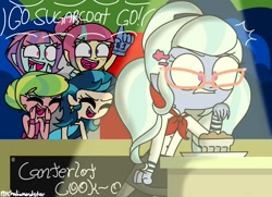 Size: 1378x999 | Tagged: safe, artist:psychodiamondstar, imported from derpibooru, indigo zap, lemon zest, sour sweet, sugarcoat, sunny flare, equestria girls, friendship games, cheering, clothes, eyes closed, foam finger, gameshow, glasses, group, open mouth, shadow five, smiling, souffle