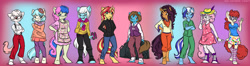 Size: 3000x794 | Tagged: safe, artist:kaemantis, imported from derpibooru, beauty brass, bon bon, coco pommel, minuette, photo finish, saffron masala, sunset shimmer, sweetie belle, twist, oc, anthro, unguligrade anthro, apron, clothes, crossed arms, cute, hand in pocket, hands in pockets, jacket, looking at you, one eye closed, smiling, wink