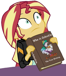 Size: 649x743 | Tagged: safe, artist:andypriceart, edit, imported from derpibooru, princess celestia, sunset shimmer, alicorn, pony, equestria girls, mirror magic, spoiler:comic, spoiler:comicff38, spoiler:eqg specials, book, female, funny, parody, simple background, solo, transparent background, vector