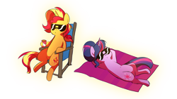 Size: 1280x720 | Tagged: safe, artist:little-tweenframes, deleted from derpibooru, imported from derpibooru, sci-twi, sunset shimmer, twilight sparkle, pony, unicorn, series:sciset diary, equestria girls, duo, equestria girls ponified, female, lesbian, mare, ponified, pregnant, relaxing, scitwishimmer, shipping, simple background, sunglasses, sunsetsparkle, transparent background