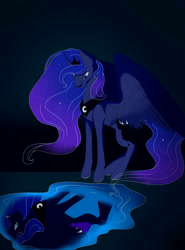 Size: 1857x2510 | Tagged: safe, artist:twigpony, imported from derpibooru, nightmare moon, princess luna, alicorn, pony, crown, curved horn, female, jewelry, looking down, mare, reflection, regalia, slit eyes, slit pupils, solo