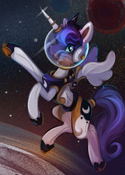 Size: 848x1187 | Tagged: safe, artist:cenit-v, imported from derpibooru, princess luna, alicorn, pony, astronaut, female, floating, planet, solo, space, space helmet, spacesuit, stars