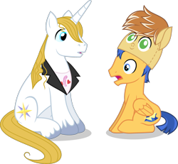 Size: 2271x2097 | Tagged: safe, artist:punzil504, imported from derpibooru, feather bangs, flash sentry, prince blueblood, pegasus, pony, unicorn, hard to say anything, awkward moment, clothes, duo, male, shirt, simple background, stallion, transparent background, vector, vincent tong, voice actor joke