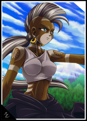 Size: 1600x2222 | Tagged: safe, artist:mauroz, imported from derpibooru, zecora, human, belly button, breasts, cloak, clothes, dark skin, ear piercing, earring, female, humanized, jewelry, midriff, piercing, serious, serious face, solo