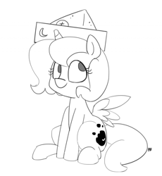 Size: 1280x1394 | Tagged: safe, artist:pabbley, imported from derpibooru, princess luna, pony, moonstuck, 30 minute art challenge, cartographer's cap, cute, female, filly, hat, monochrome, simple background, sitting, solo, white background, woona, younger