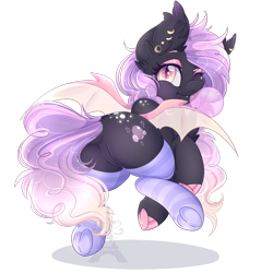 Size: 1600x1600 | Tagged: safe, artist:pvrii, artist:silent-shadow-wolf, imported from derpibooru, oc, oc only, oc:sunset strider, bat pony, pony, butt, clothes, cute, fangs, featureless crotch, female, looking back, mare, ocbetes, one eye closed, plot, rear view, simple background, slit eyes, slit pupils, socks, solo, stockings, striped socks, thigh highs, transparent background, wink