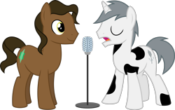 Size: 10181x6400 | Tagged: safe, artist:parclytaxel, imported from derpibooru, oc, oc only, oc:eurobeat joe, oc:eurobeat ralph, earth pony, pony, unicorn, .svg available, absurd resolution, commission, duo, eyes closed, male, markings, microphone, simple background, singing, spots, stallion, transparent background, vector