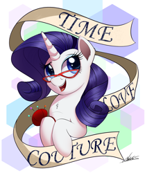 Size: 1500x1791 | Tagged: safe, artist:ncmares, imported from derpibooru, rarity, pony, unicorn, banner, commission, female, glasses, mare, needle, open mouth, pincushion, rules of rarity, signature, solo, text